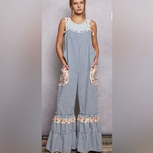 POL- NWT. Springtime, Striped and Ruffled Overalls- Wide leg. MEDIUM